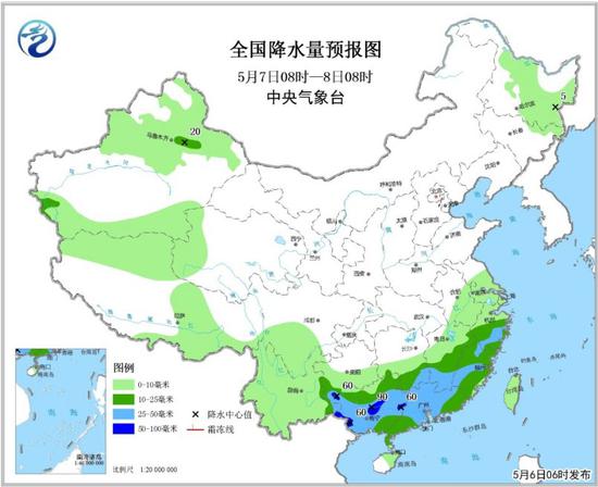 图3 全国降水量预报图（5月7日08时-8日08时）