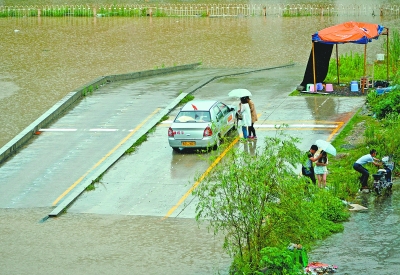 昨天下午，在汉口武胜路一家驾校，几位学员冒雨在渍水包围的场地上练习半坡起，坡道此刻就像个水中孤岛一般。记者喻志勇 摄