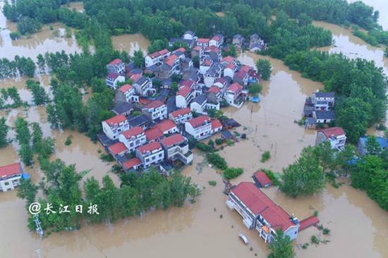 3日，暴雨溃口的武汉新洲一片汪洋。(来源：长江日报)