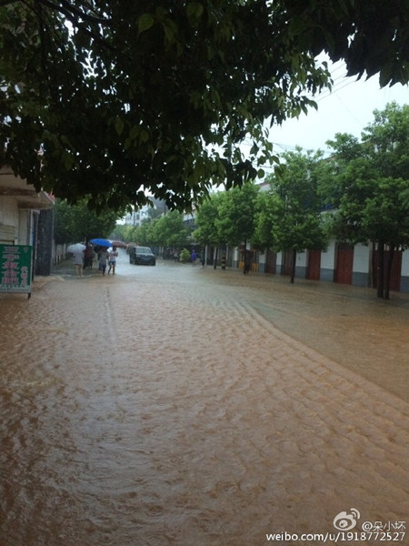 今日，荆门沙洋县马良镇遭特大暴雨侵袭，道路出现渍水。(图片来源：微博@@朵小坏)