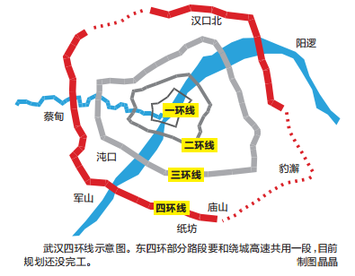 武汉四环线示意图。 东四环部分路段要和绕城高速共用一段，目前规划还没完工。制图晶晶