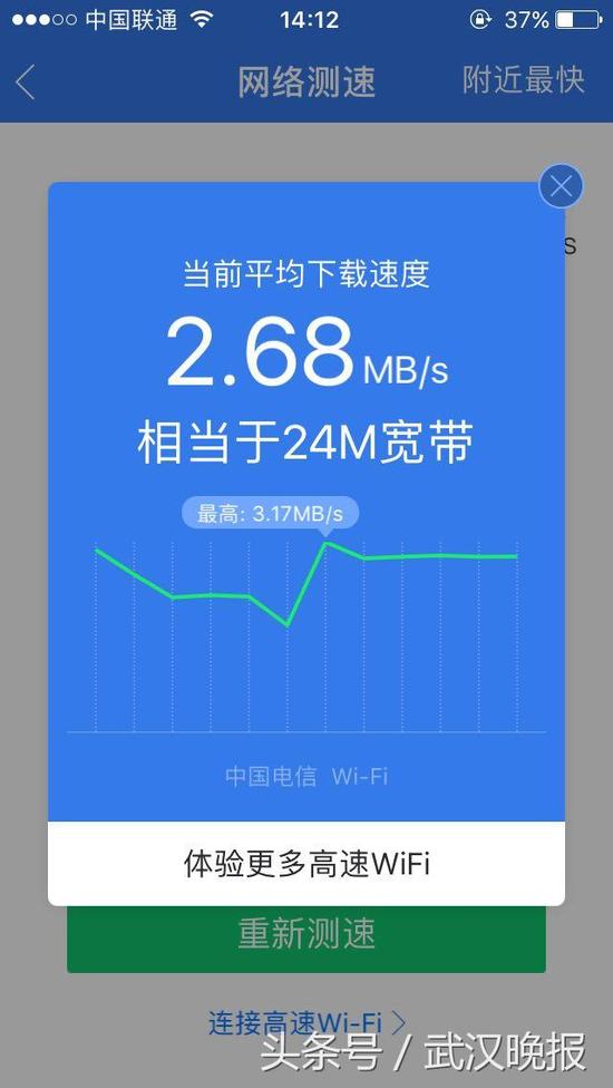记者将手机连上wifi后测速显示,网速相当于24m宽带