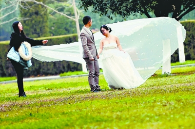 昨日，汉口江滩公园内，婚纱被大风吹起 记者郭良朔 摄