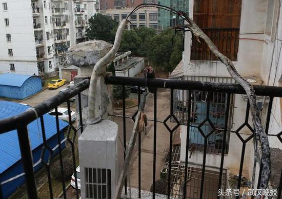 阳台上的空调被烧坏。记者杨涛 摄