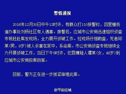 孝感9岁男童在家被人杀害 凶手是46岁中年女子