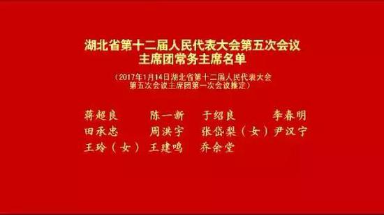 湖北省第十二届人民代表大会第五次会议主席团常务主席名单