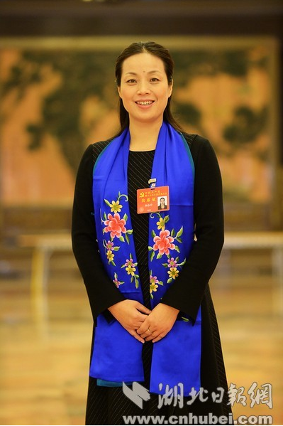 湖北党代表杨小玲戴着一条特别的围巾走上党代表通道