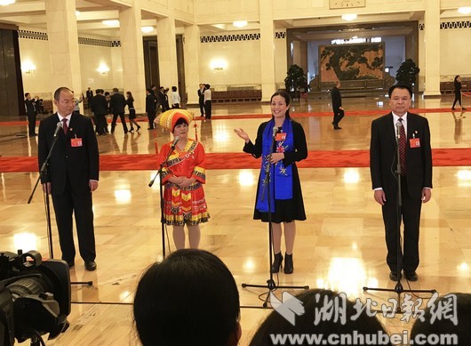 湖北省十九大代表杨小玲走上“党代表通道”(左起三)