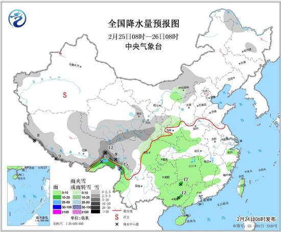 图3 全国降水量预报图（2月25日08时-26日08时）