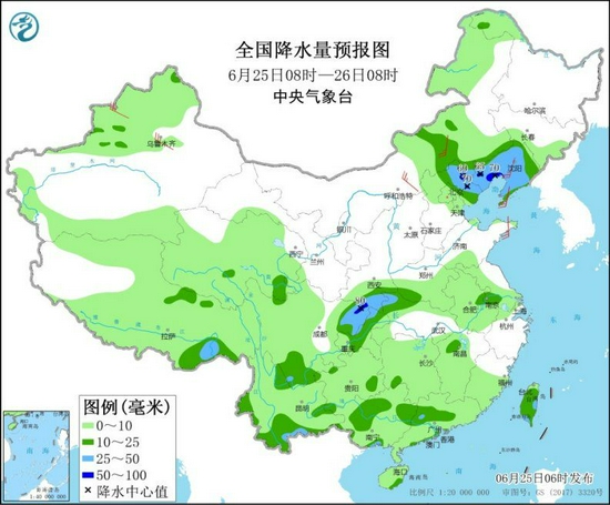 全国降水量预报图（6月25日8时-26日8时）