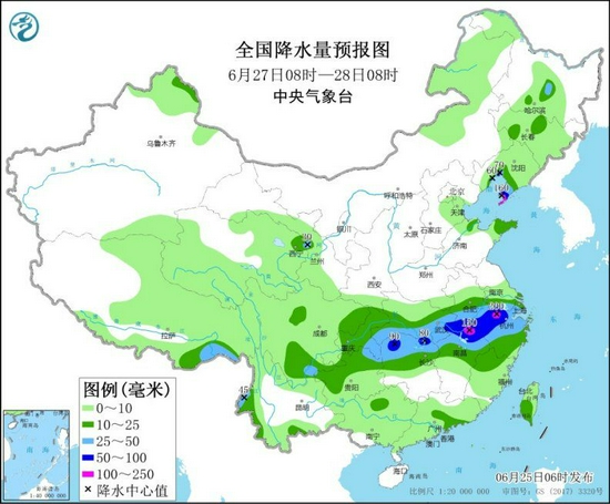全国降水量预报图(6月27日8时-28日8时)