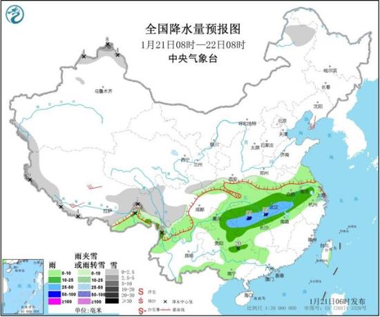 图2 全国降水量预报图（1月21日08时-22日08时）