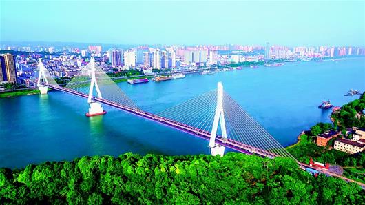 图为:宜昌市夷陵长江大桥是长江上首座三塔倒Y型单索面混凝土加劲梁斜拉桥,建成时其跨度在同类桥梁中为世界之最。 (湖北日报全媒记者 陈勇 摄)