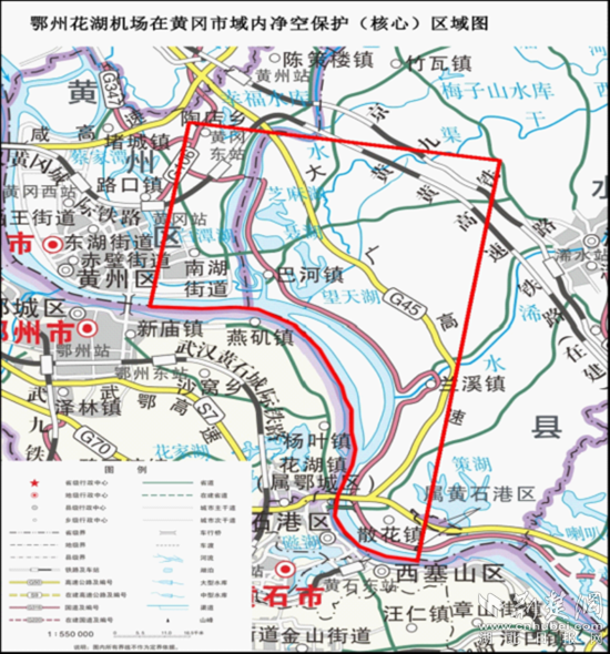 鄂州花湖机场净空黄冈保护(核心)区域区域图.