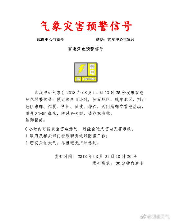 武汉中心气象台2018年08月04日10时26分发布雷电黄色预警信号