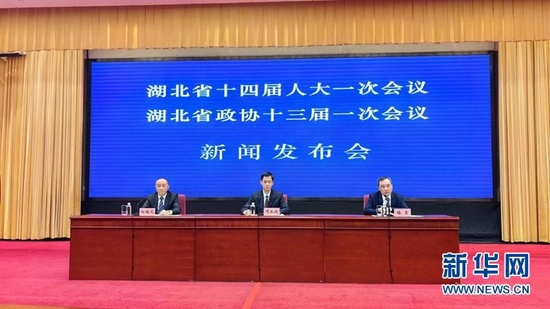 图为湖北省十四届人民代表大会一次会议、湖北省政协十三届一次会议新闻发布会。新华网 赵梦琪摄