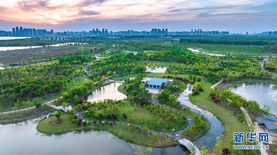 建成后的鱼梁洲中央生态公园绿意盎然,绿地、水系和景观相映成景,尽显生态之美。新华网发 杨东摄