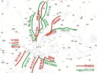 图为：进出城拥堵路段及绕行建议