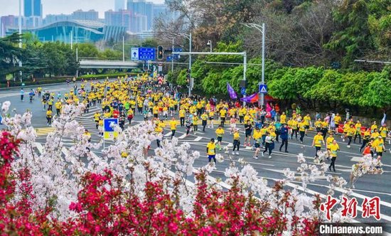 参赛选手跑过繁花似锦的武汉街头。武汉马拉松赛事组委会供图