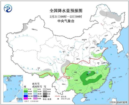 图2 全国降水量预报图(2月21日08时-22日08时)