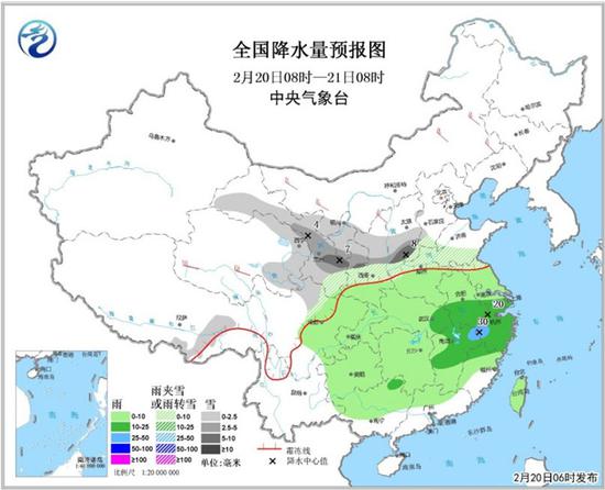 图1 全国降水量预报图(2月20日08时-21日08时)
