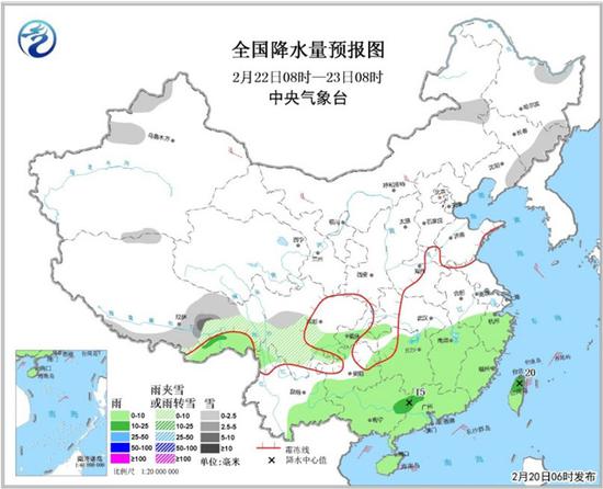 图3 全国降水量预报图(2月22日08时-23日08时)