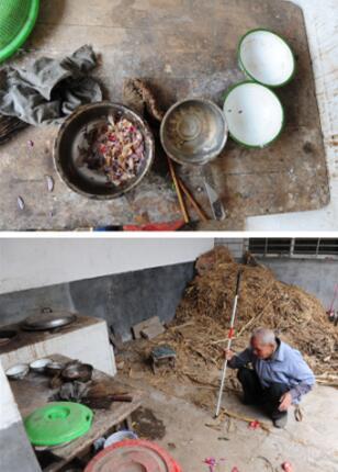 在河南省驻马店市西平县于营村,双目失明的于二稳自己摸索着去“厨房”。他是个单身汉,借宿在侄子的空房子里,邻居隔段时间会帮他买些菜(拼版照片)。冯大鹏 摄
