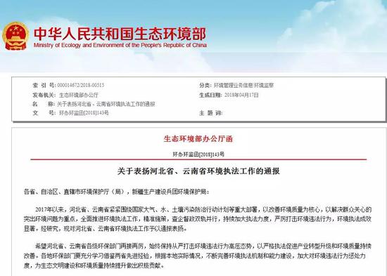 关于表扬河北省、云南省环境执法工作的通报