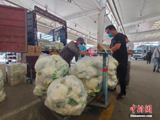 6月16日，河北新发地市场内，采购人员正在进行蔬菜交易。据市场内的商户介绍，北京新发地市场休市后，河北新发地市场内的北京采购商多了起来，但果蔬的整体供应量并没有受到影响，价格也比较平稳。 中新社记者 王天译 摄