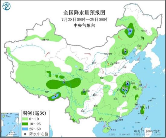 图3 全国降水量预报图(7月28日08时-29日08时)