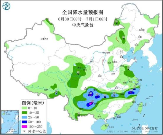 全国降水量预报图(6月30日08时-7月1日08时)