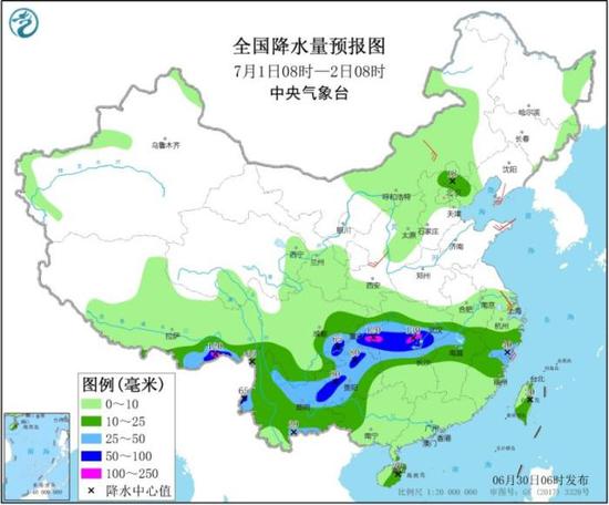 全国降水量预报图(7月1日08时-2日08时)