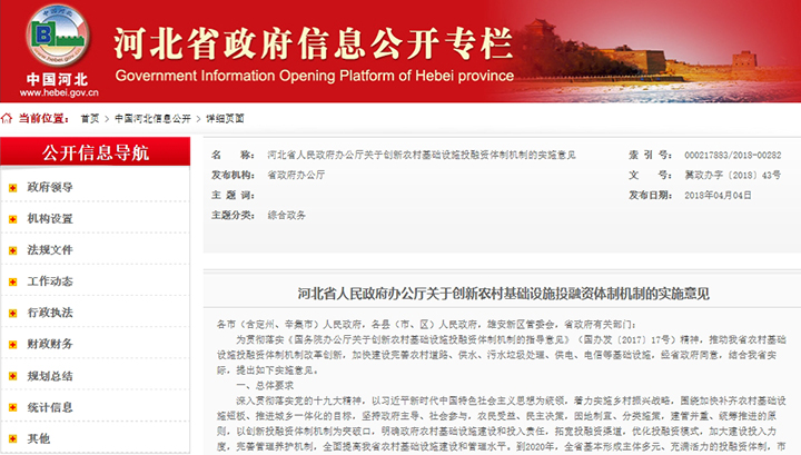 省政府办公厅印发《河北省人民政府办公厅关于创新农村基础设施投融资体制机制的实施意见》。
