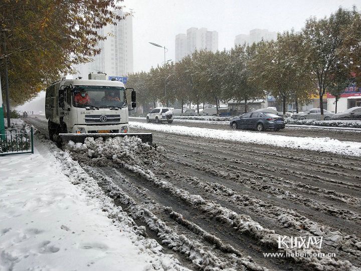 受寒潮降雪天气影响，全省多地迎来降雪。图为沧州市区道路积雪。长城网·冀云客户端记者 代晴 摄