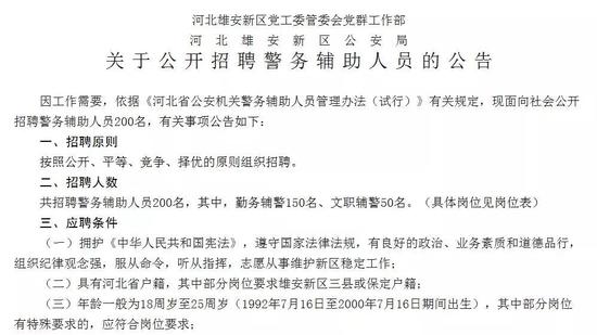 机会来啦 雄安新区公开招聘警务辅助人员200名