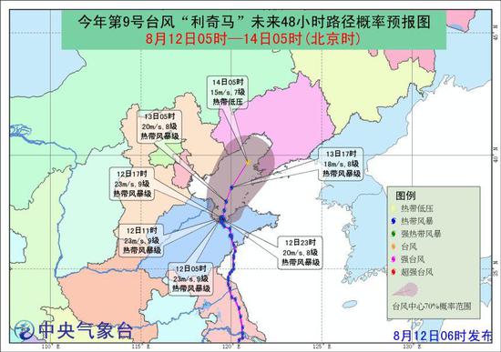 图1 今年第9号台风“利奇马”未来48小时路径概率预报图