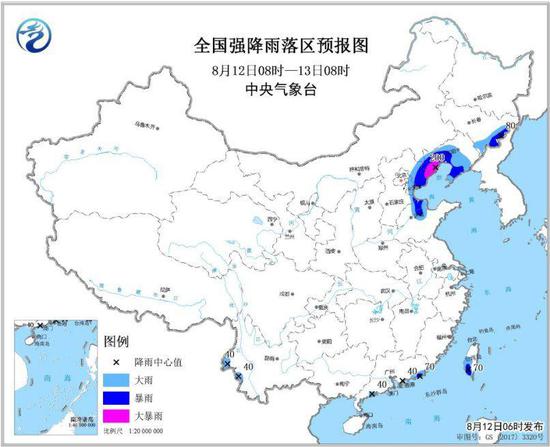 图2 全国强降雨落区预报图(8月12日08时-13日08时)