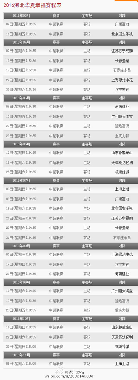 2016年中超赛季来袭 永昌和华夏幸福赛程表公