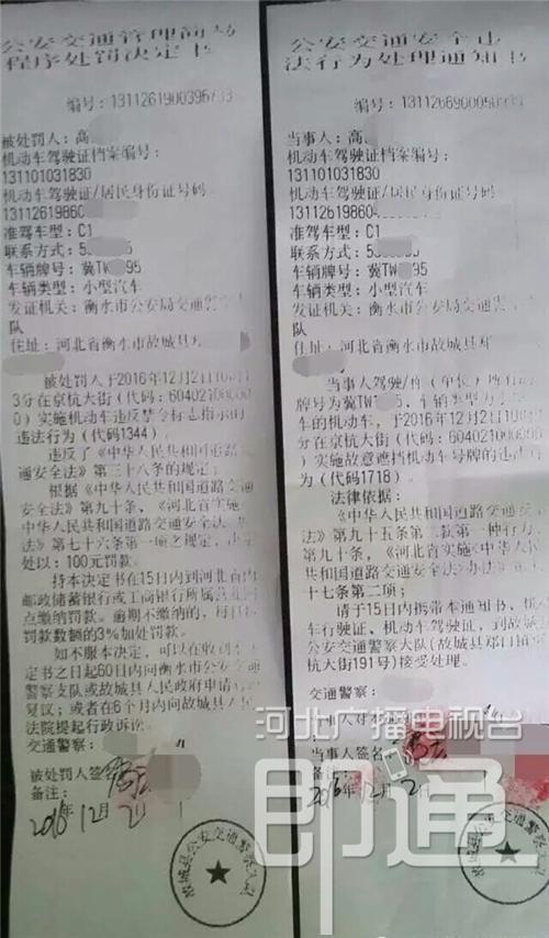衡水一男子用树叶遮号牌 被罚300元扣15分