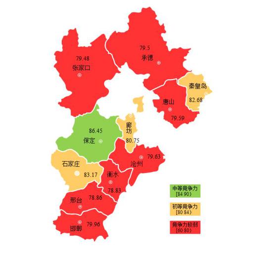 2015年河北省各地区质量竞争力指数示意图