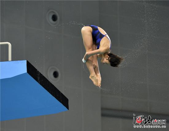 8月19日,第十三届全运会跳水比赛拉开帷幕,在女子团体比赛中,河北跳水队获得金牌。图为河北选手张蕊在女子跳水团体赛10米跳台的比赛中。 记者耿辉摄