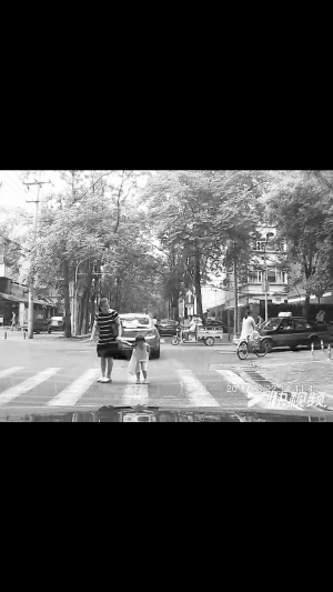 ■女孩鞠躬致谢“车让人”。(视频截图)