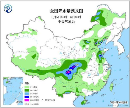 图2 全国降水量预报图(8月5日08时-6日08时)
