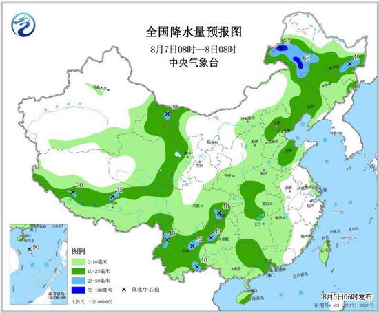 图4 全国降水量预报图(8月7日08时-8日08时)