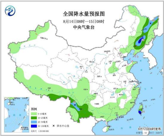 图5 全国降水量预报图(8月13日08时-14日08时)