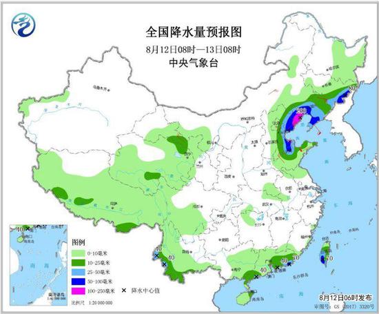 图4 全国降水量预报图(8月12日08时-13日08时)