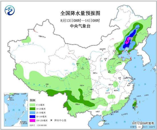 图5 全国降水量预报图(8月13日08时-14日08时)