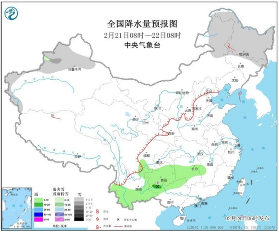 全国降水量预报图(2月21日8时-22日8时)