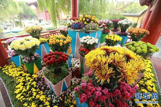  10月14日，在河南省开封市公园景点拍摄的菊花景观造型。