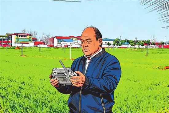 在百亩高标准农田边，于培康在操作植保无人机。 卢涛 摄 （效果由AI生成）